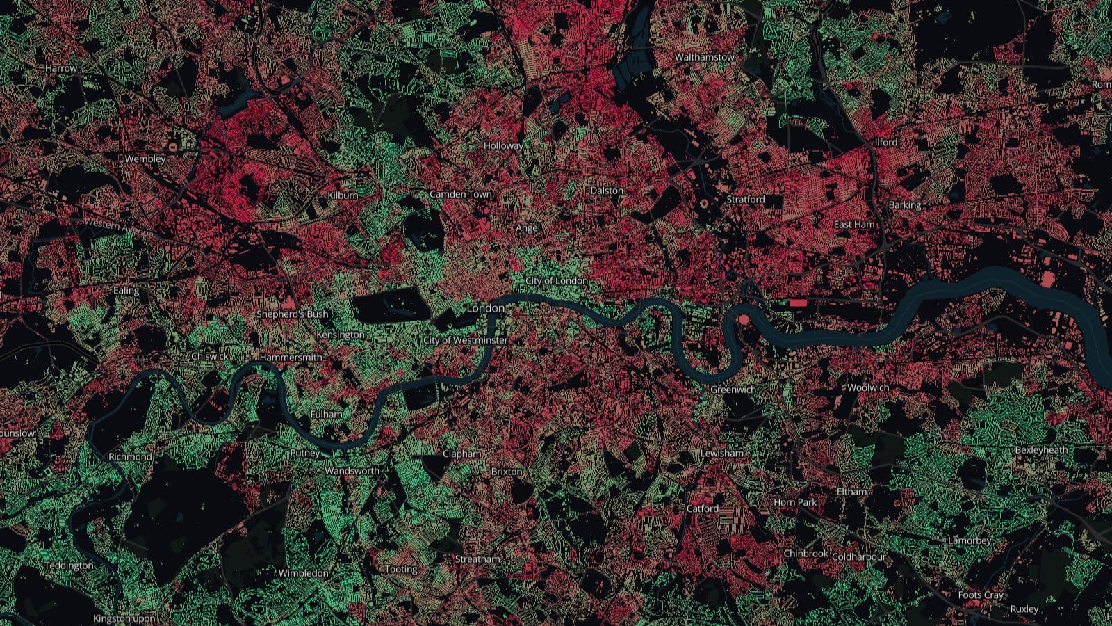 Balworth map of central London: neighbourhoods coloured from green (ranks better) to rose (ranks worse)